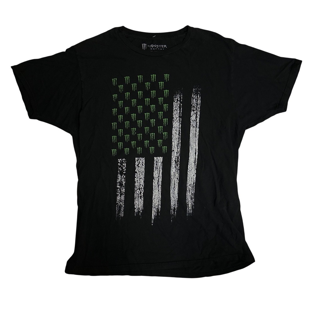 Monster Energy Drink T-Shirt Mens Large Black American Flag Graphic Logo Tee